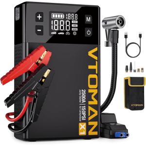 image2025 New Model VTOMAN X1 Jump Starter with Air Compressor Portable Car Battery Jumper Starter 2500A Up to 85L Gas6L Diesel Engine with 150PSI Tire Inflator 12V Lithium Jump Box Booster PackBlack