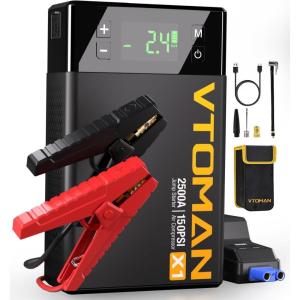 imageVTOMAN X1 Jump Starter with Air Compressor Car Battery Jumper Starter 2500AUp to 85L Gas6L Diesel Engine with 150PSI Auto Tire Inflator 12V Portable Booster Pack Lithium Jump Box ChargerBlackBlack