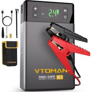 imageVTOMAN X1 Jump Starter with Air Compressor Car Battery Jumper Starter 2500AUp to 85L Gas6L Diesel Engine with 150PSI Auto Tire Inflator 12V Portable Booster Pack Lithium Jump Box ChargerBlackGray
