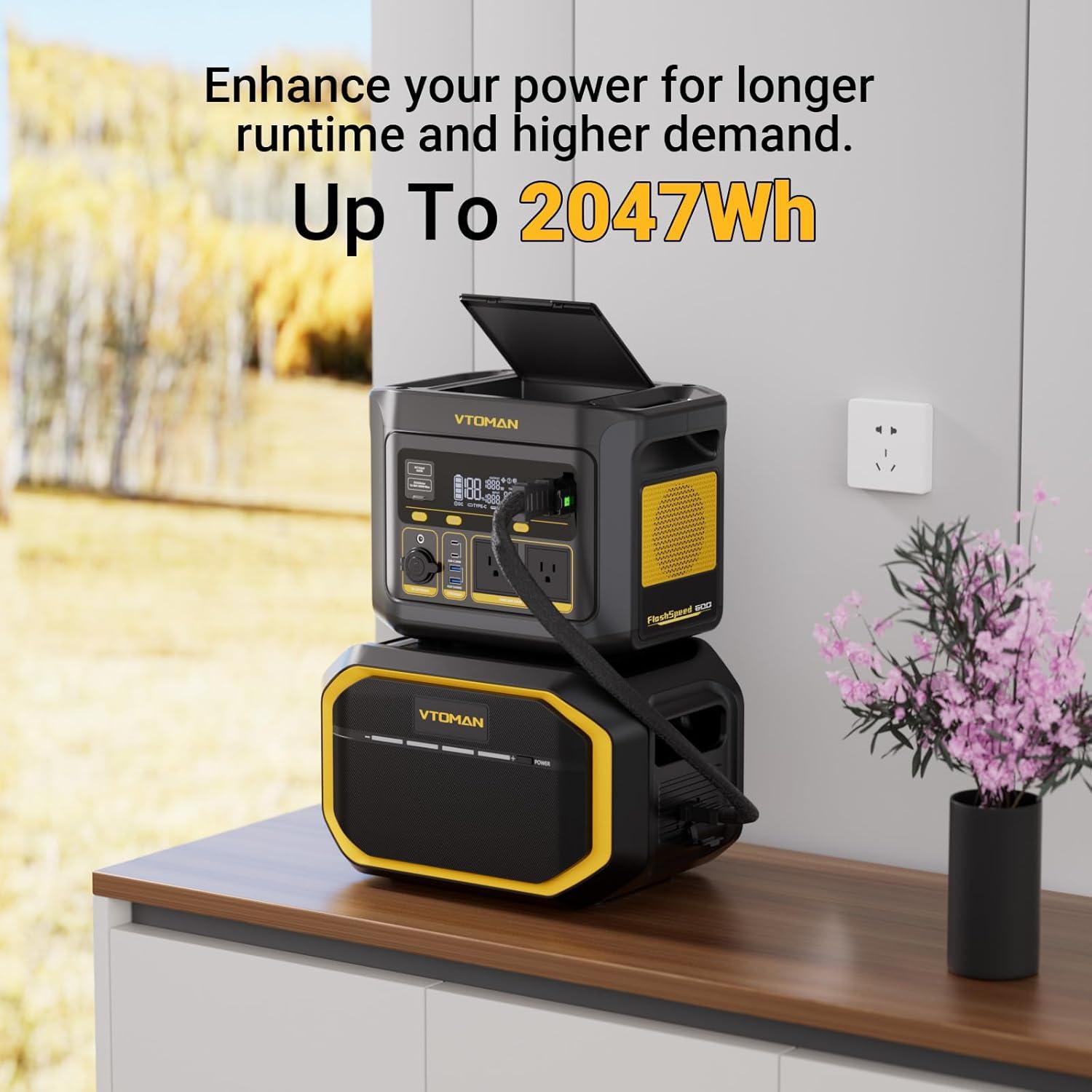 imageVTOMAN FlashSpeed 600 Portable Power Station 499Wh LiFePO4 Battery 600W Peak 1200W Solar Generator 0100 in 70 Min for Home Backup RVs Power Outages and Outdoor CampingFlashSpeed 600Extra Battery