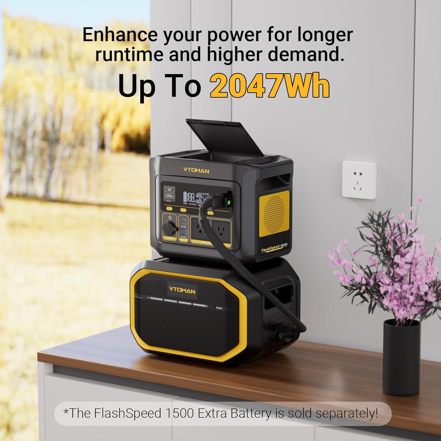 imageVTOMAN FlashSpeed 600 Portable Power Station 499Wh LiFePO4 Battery 600W Peak 1200W Solar Generator 0100 in 70 Min for Home Backup RVs Power Outages and Outdoor CampingFlashSpeed 600200W