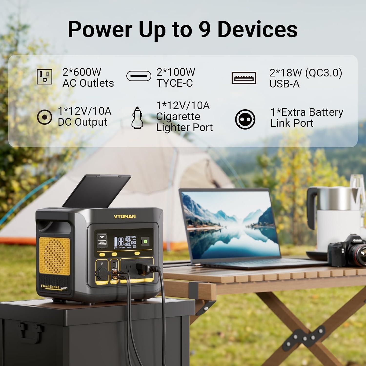 imageVTOMAN FlashSpeed 600 Portable Power Station 499Wh LiFePO4 Battery 600W Peak 1200W Solar Generator 0100 in 70 Min for Home Backup RVs Power Outages and Outdoor CampingFlashSpeed 600200W
