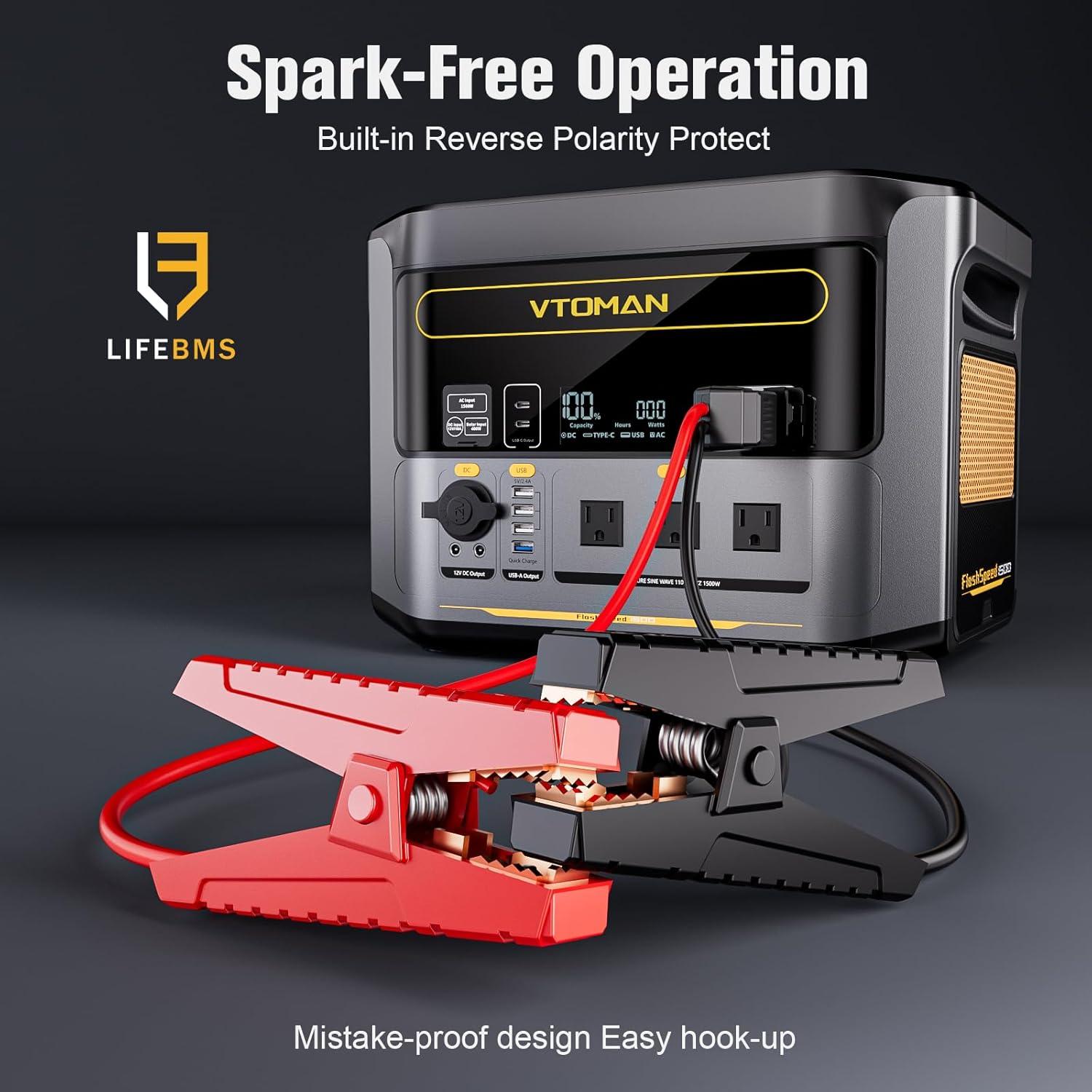 imageVTOMAN FlashSpeed 1500 Portable Power Station with Jumper Cables 1548Wh LiFePO4 Solar Generator ampamp Car Jump Starter Recharge 0100 in 1H 1500W AC OutputInput for Outdoor Home Roadside RescueFS1500jumpercable