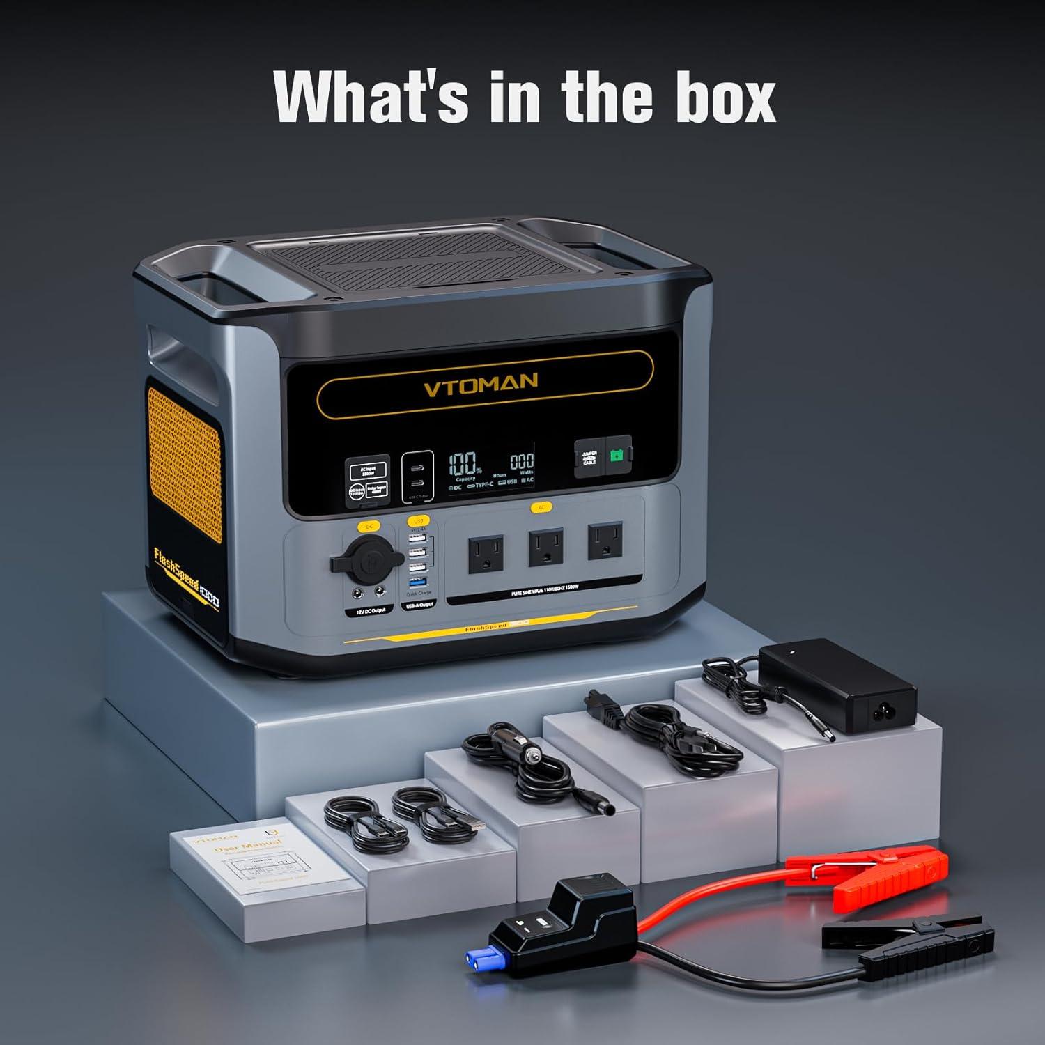 imageVTOMAN FlashSpeed 1500 Portable Power Station with Jumper Cables 1548Wh LiFePO4 Solar Generator ampamp Car Jump Starter Recharge 0100 in 1H 1500W AC OutputInput for Outdoor Home Roadside RescueFS1500jumpercable