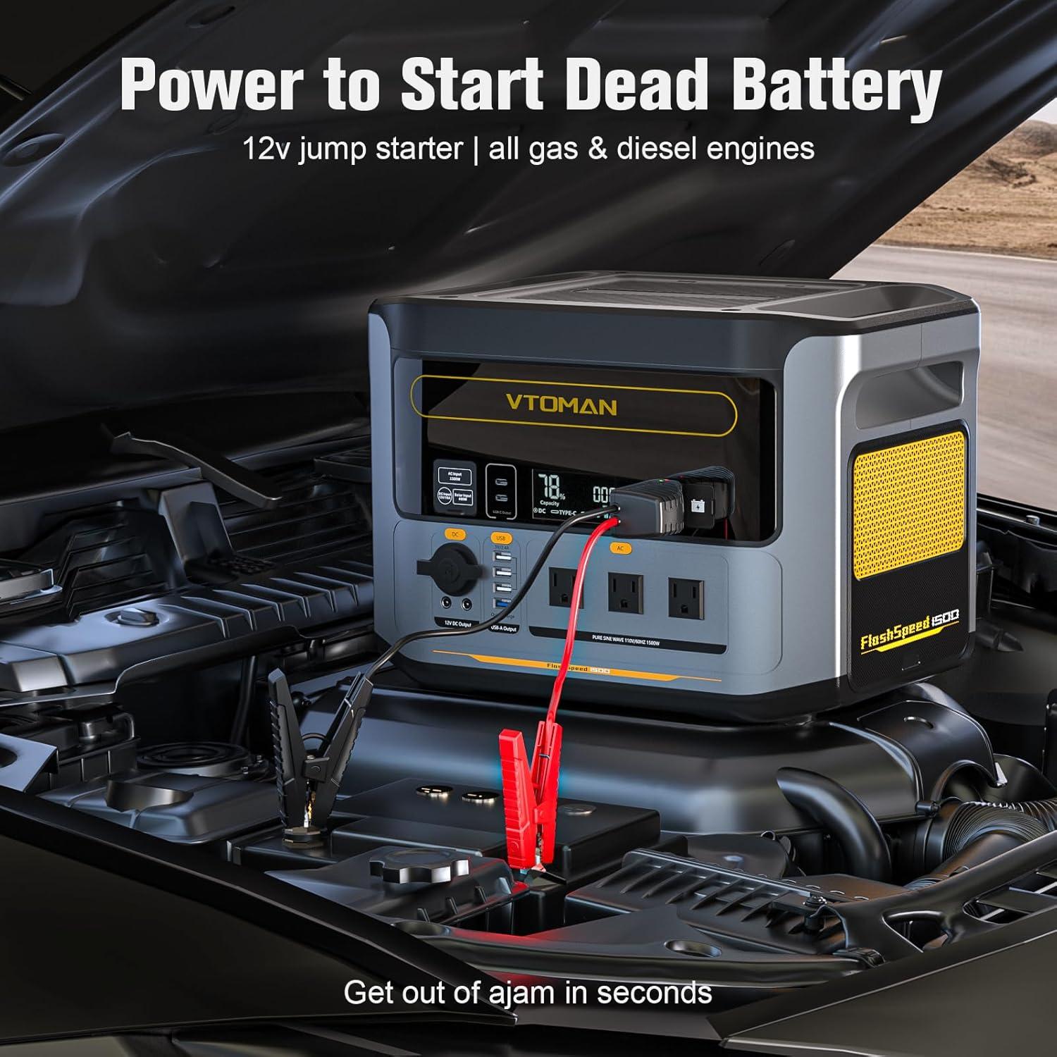 imageVTOMAN FlashSpeed 1500 Portable Power Station with Jumper Cables 1548Wh LiFePO4 Solar Generator ampamp Car Jump Starter Recharge 0100 in 1H 1500W AC OutputInput for Outdoor Home Roadside RescueFS1500jumpercable