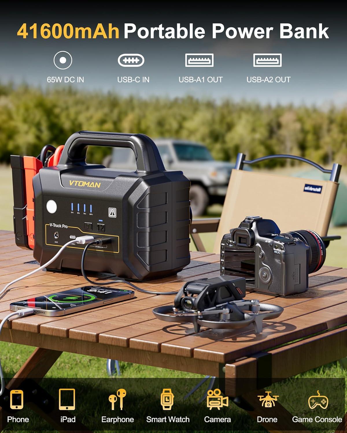 imageVTOMAN VTruck Pro 8000A Car Battery Jump Starter with 65W Quick Charge 41600mAh Portable Jump Starter Power Pack for All Gas All Diesel 12V Jump Box with LED Light Long Jumper Cables