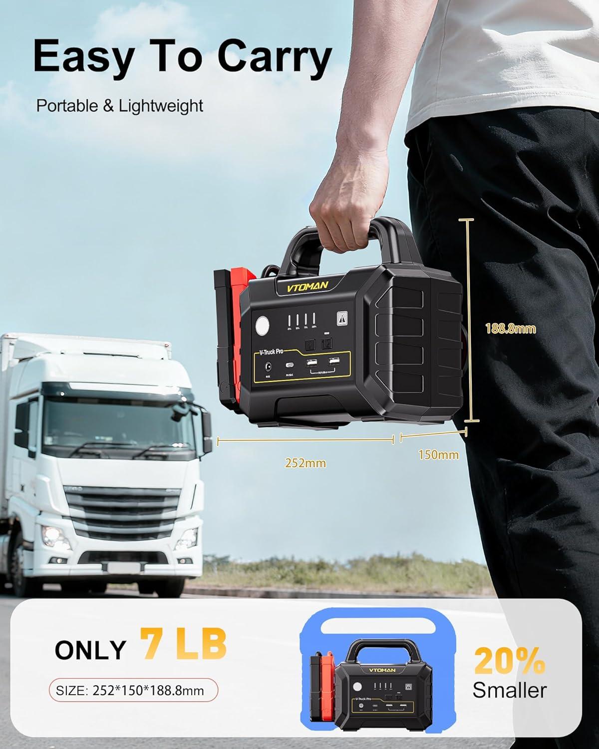 imageVTOMAN VTruck Pro 8000A Car Battery Jump Starter with 65W Quick Charge 41600mAh Portable Jump Starter Power Pack for All Gas All Diesel 12V Jump Box with LED Light Long Jumper Cables